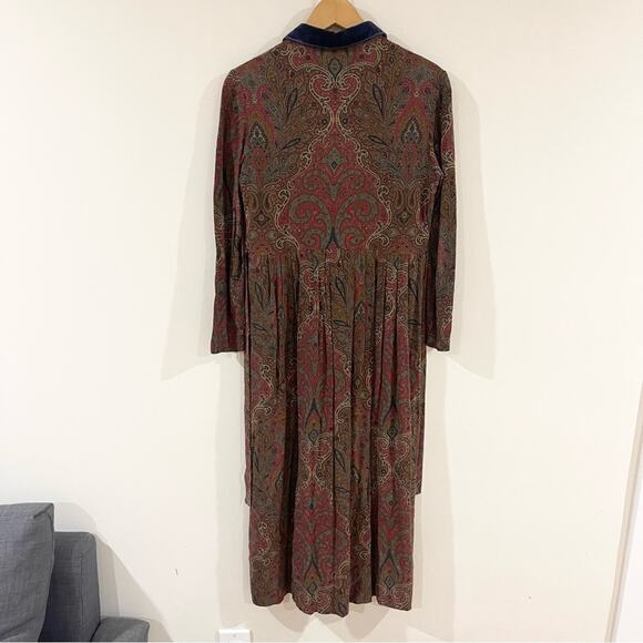 Karin Stevens Vintage Midi Long Sleeve Dress Front Button Closure Velvet Collar - Picture 7 of 8